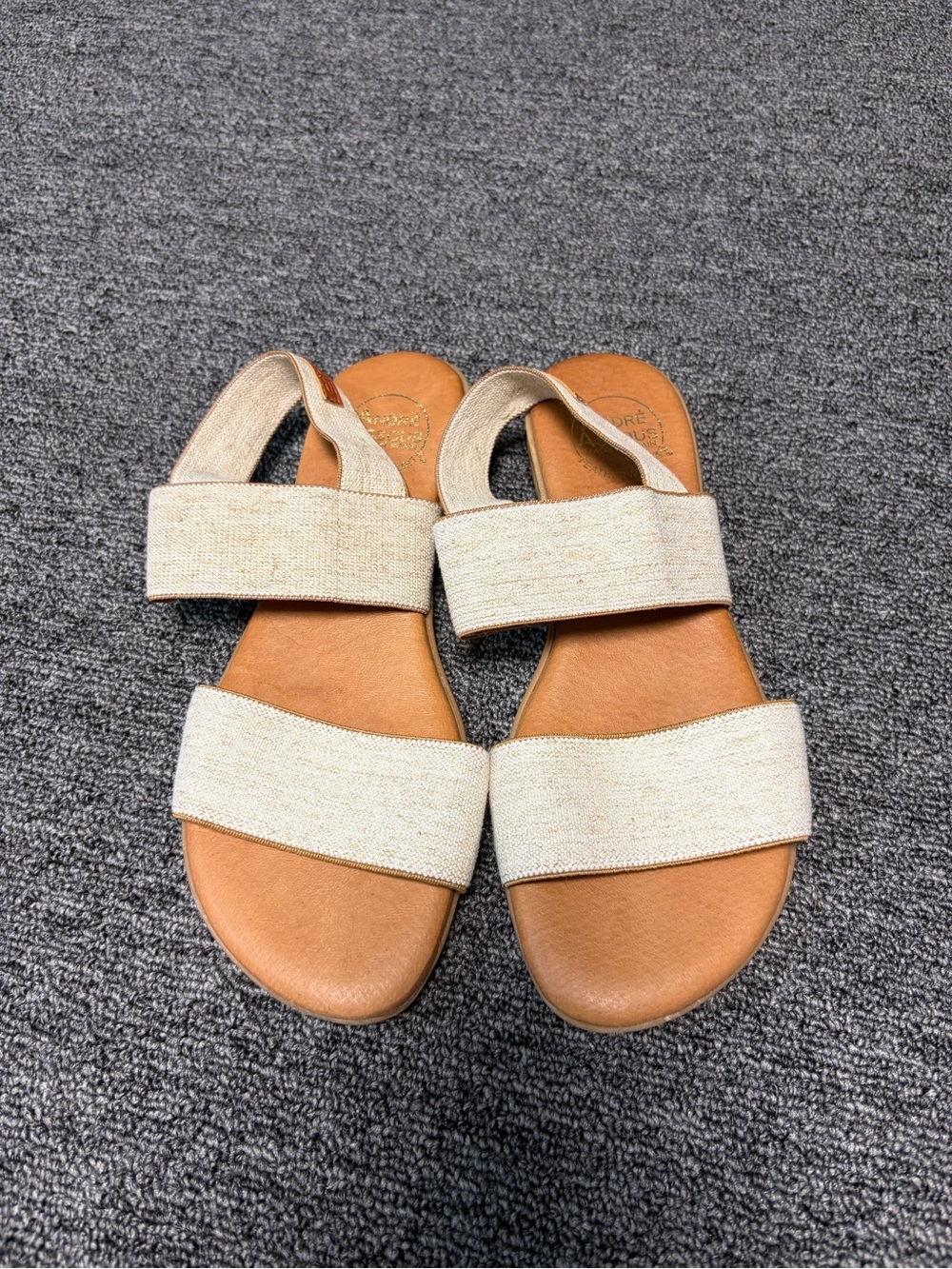 Andre Assous Beige Two-Strap Elastic Slide Sandals
